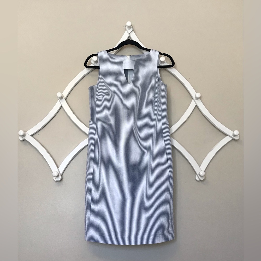 Anne Klein Blue and White Seersucker Shift with Pockets